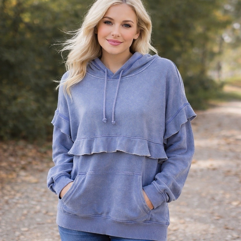 Out From Under Fade Away‎ Ruffled Hoodie Washed Blue Cozy Feminine Dainty S